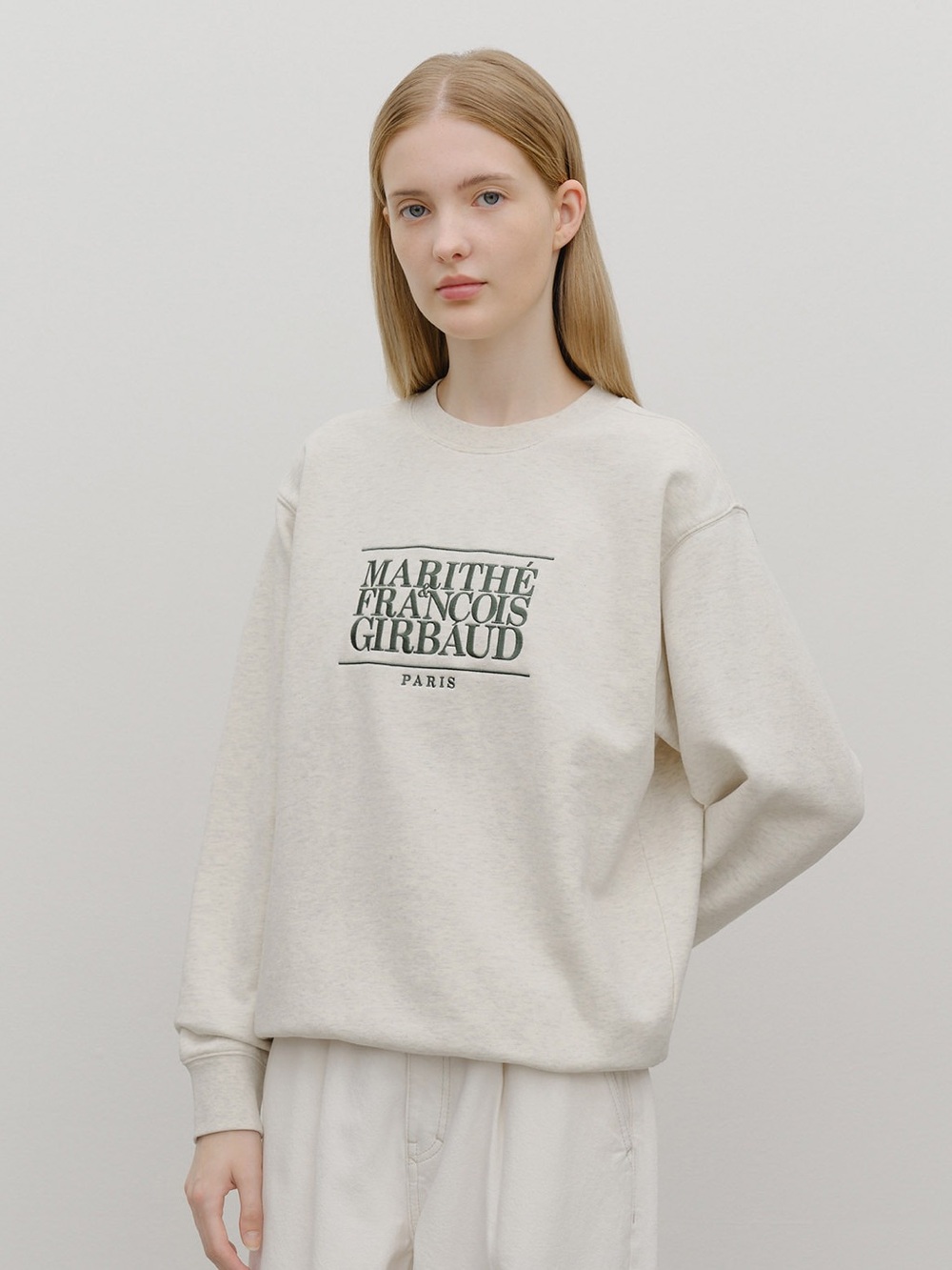 Marithe Francois Girbaud Oatmeal Cream Crewneck Sweatshirt with Logo small